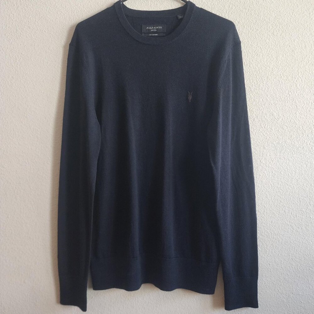 AllSaints Sweater Mens Medium Black Merino Wool Crewneck Pullover Lightweight